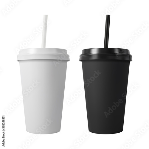 Black and white paper coffee cups with lids and drinking straw. Closed paper cup. Realistic vector mockup.