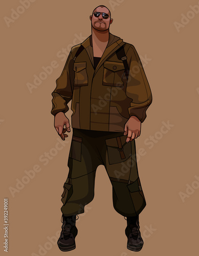 cartoon big man in hiking clothes and sunglasses