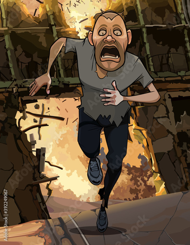 cartoon frightened man running from fire in ruins