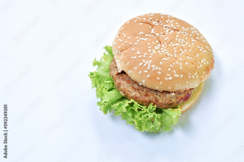 spicy grilled pork cheese hamburger with barbecue sauce and lettuce on white background spicy grilled pork cheese hamburger with barbecue sauce and lettuce on white background