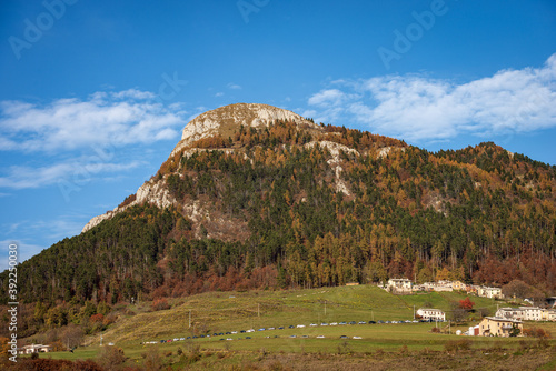 Mountain peak of Corno d'Aquilio in Lessinia Plateau (Altopiano della Lessinia), Regional Natural Park, Sant'Anna d'Alfaedo village, Verona province, Veneto, Italy, Europe.