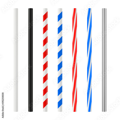 Realistic drinking straw set. Plastic cocktail tube with colored stripes. Vector mockup.