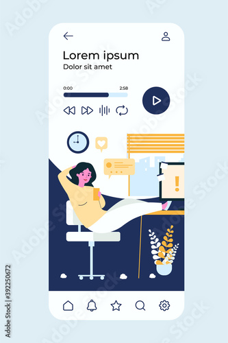 Lazy office person procrastinating at workplace, chatting on cellphone online, ignoring important notes on computer. Vector illustration for leisure time at work, time management failure concept