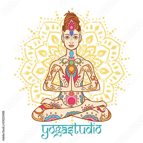 Yoga man with dreadlock. Ornament beautiful doodle art. Concept of meditation. Geometric element hand drawn. Vector illustration for design for logo, banner