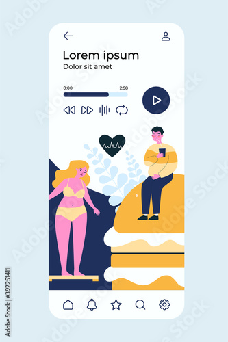 Fast food lovers suffering from overweight problem and high cholesterol. Fat woman standing on scales near hamburger, drinking soda. For fitness, junk eating, heart disease and lifestyle concept.