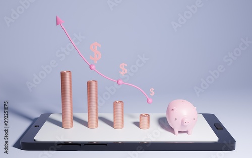 ๊Uptrend graph and mobile phone,piggy banks,dillar coins,arrow,bar chart,Perspectives,illustration,3d rendering, technology,business and finance concept.  photo