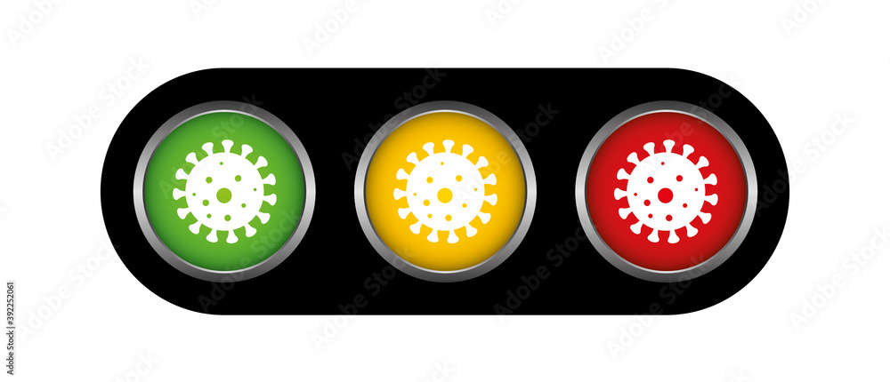 Corona Covid19 virus scale alert levels traffic light colors green yellow red, infection increase decrease warning Corona Covid19 virus scale alert levels traffic light colors green yellow red, infection increase decrease warning