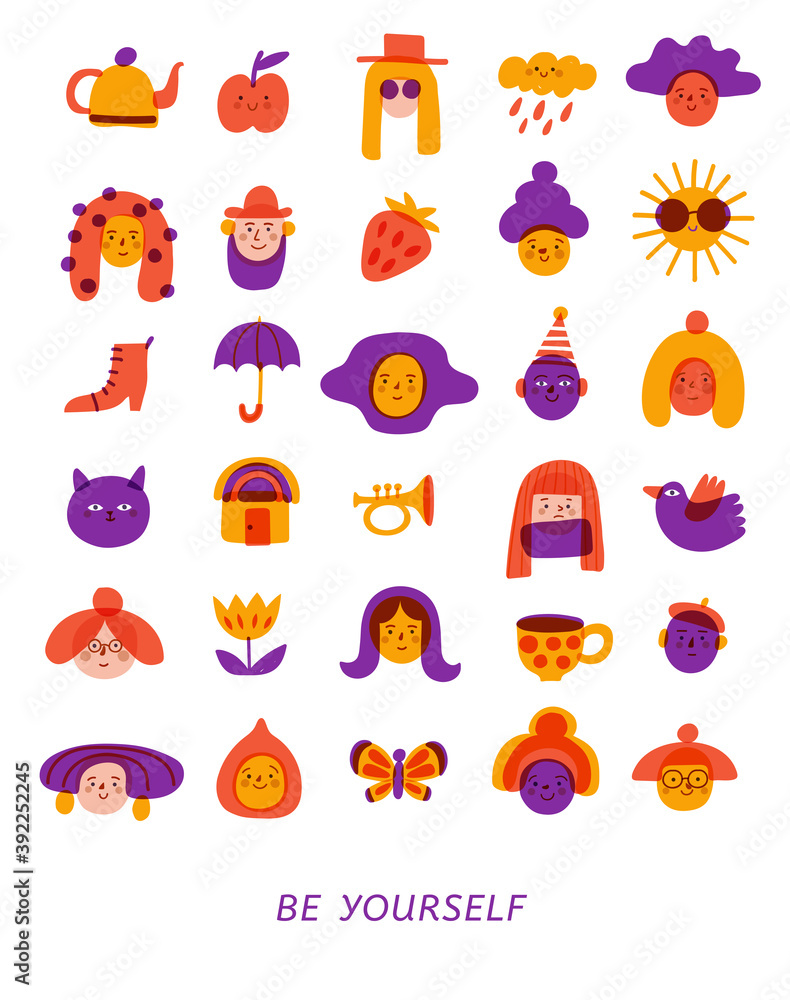 Poster with logos and icons with people and objects in naive sketch style Poster with logos and icons with people and objects in naive sketch style
