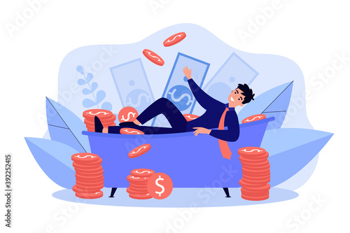 Successful millionaire bathing in money isolated flat vector illustration. Cartoon happy rich character surrounded with dollar and coins. Wealth and success concept