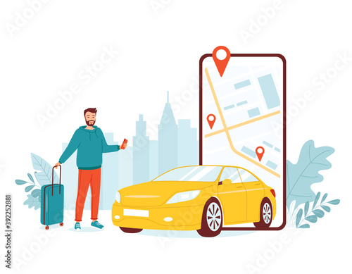 Young happy man stands with a suitcase and a mobile phone. Concept for a car sharing application, fast online taxi search, car rental for travel and city trips. Isolated vector illustration.
