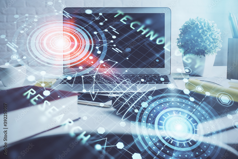 Multi exposure of desktop with personal computer and tech theme drawing. Concept of Bigdata. Multi exposure of desktop with personal computer and tech theme drawing. Concept of Bigdata.