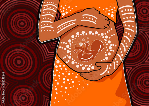 Aboriginal dot art painting with pregnant women