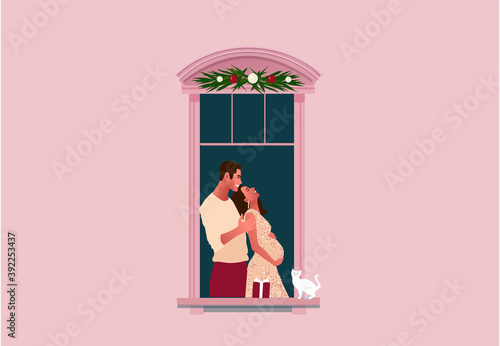 New Year or Christmas celebration. Lockdown. Quarantine life. Window frames with neighbors celebrating. Snow. Colorful vector illustration in modern flat style.