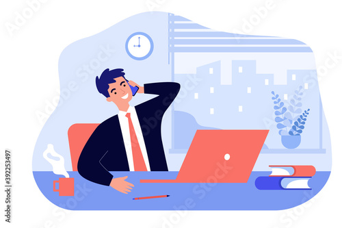 Happy boss sitting in office and talking phone isolated flat vector illustration. Cartoon manager at workplace with laptop speaking on telephone. Office interior and business concept