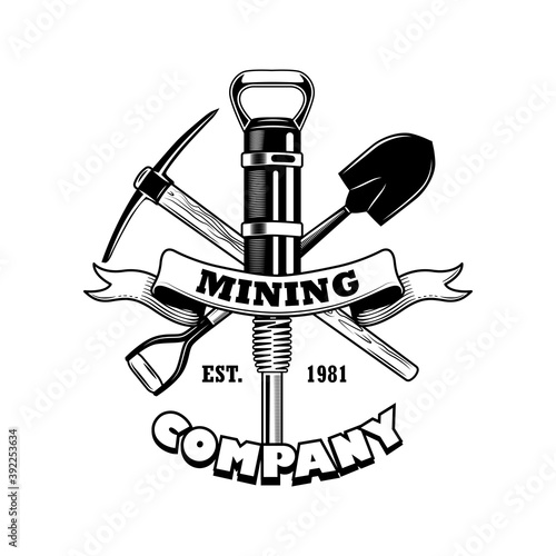 Coal miners tools vector illustration. Crossed twibill, shovel, jackhammer pick, text on ribbon. Coal mining company concept for emblems and badges templates