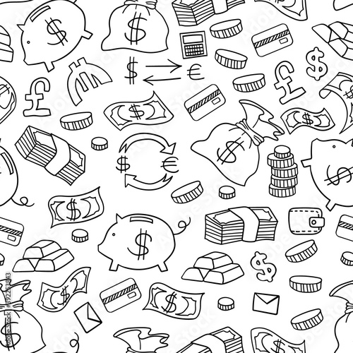 Seamless pattern with money hand drawn doodles. Vector illustration.