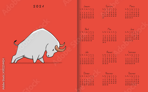 Hand drawn calendar 2021 with white metal ox on red background. Symbol of the 2021.