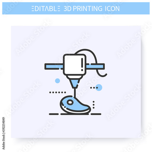 3d printing line icon. Plant based innovative steak under printing head. 3d printing in the meat business. Additive Manufacturing, prototyping industry. Isolated vector illustration. Editable stroke 
