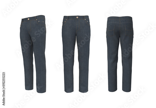 Men's jeans, front, side and back views. 3d rendering, 3d illustration