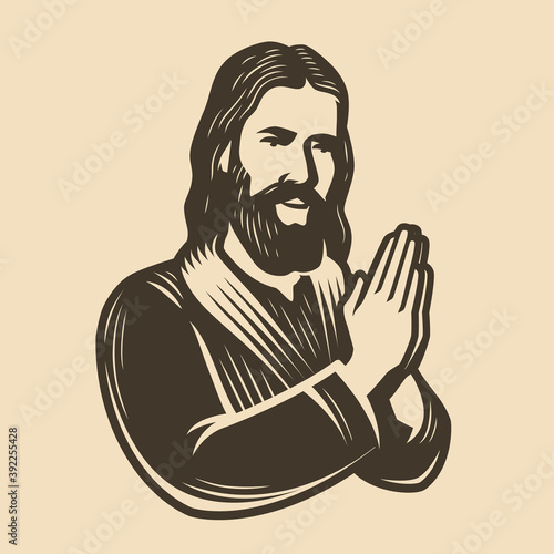 Jesus Christ. Prayer, faith symbol vintage vector illustration