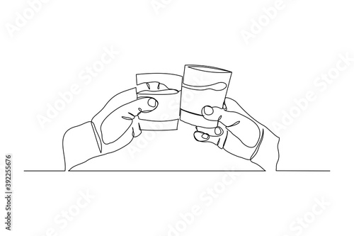 continuous line drawing of hand cheering and  holding glass wine liquor. Vector illustration