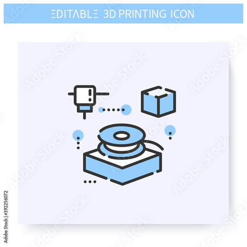 3d filament line icon. Filament spool. Thermoplastic 3d printing feedstock. Additive Manufacturing, fabber technology, prototyping industry. Isolated vector illustration. Editable stroke