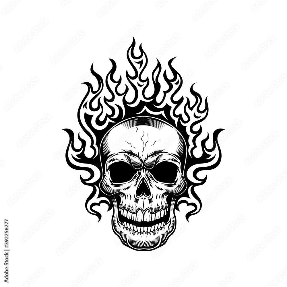 Fototapeta premium Skull and flame vector illustration. Burning head of skeleton. Fire show concept for emblems or labels templates