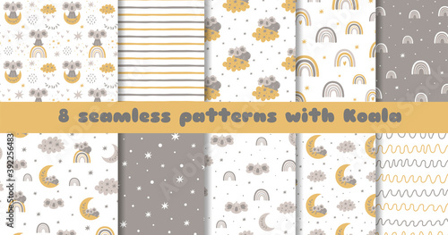 Grey baby pattern set. Grey and white baby background. Cute koala print. Clouds, rainbow. Baby textile.