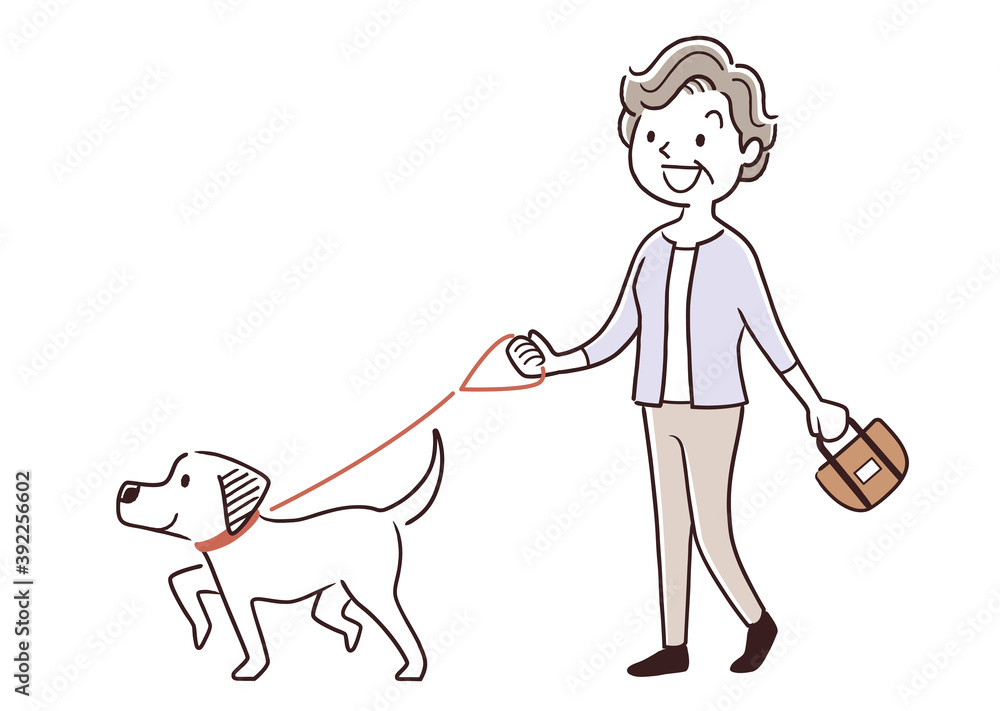 ベクターイラスト素材 犬の散歩をするシニア女性 Stock Vektorgrafik Adobe Stock