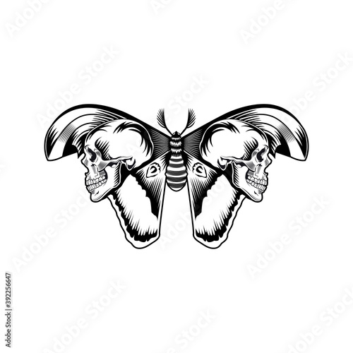 Moth with skulls on wings vector illustration. Monochrome butterfly with death symbol. Insect or gothic culture concept emblems and tattoo templates