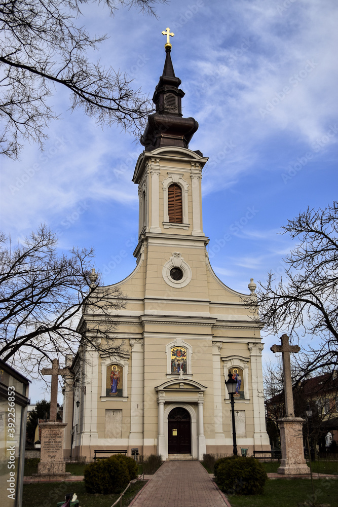 Serbian Orthodox Church of the Holy Ascension of the Lord in contrast with the blue sky. Subotica, Serbia.