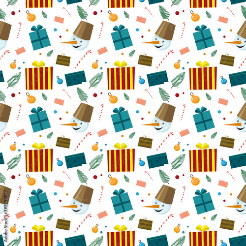 Merry christmas cute seamless pattern with snowman and presents vector image