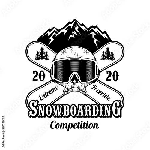 Snowboarding competition label vector illustration. Skull in mask, mountains, extreme freeride text on crossed boards. Winter activity and sport concept for championship emblems templates