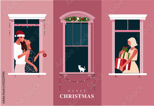 New Year or Christmas celebration. Lockdown. Quarantine life. Window frames with neighbors celebrating. Colorful vector illustration in modern flat style.