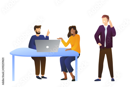 Man and woman marketers are sitting on against a laptop. Young ambitious guys present the promotion work. People discuss the workflow. Presentation concept, meeting of project participants.