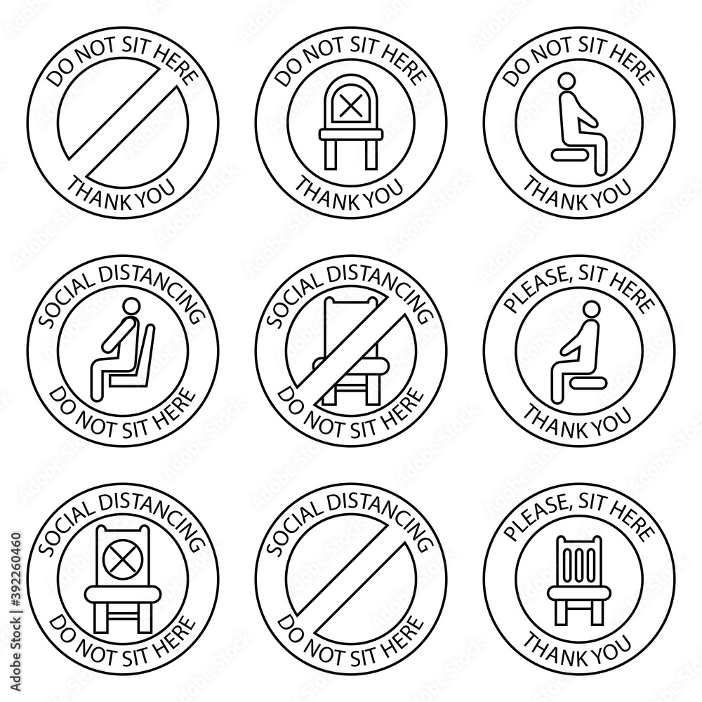 Do not sit, signs. Forbidden icons for seat. Safe social distancing