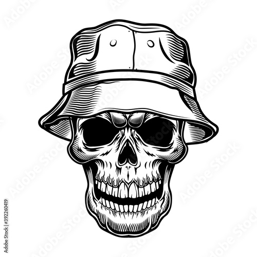Retro skull in panama vector illustration. Black dead head of tourist in hat. Hawaii and tropical vacation concept can be used for retro template, banner or poster