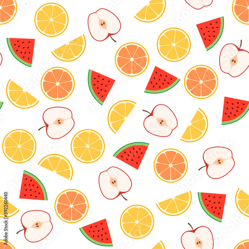 Seamless pattern of juicy watermelon  ripe apple  lemon and orange. This fruit design for your business projects. Perfect for fabrics and decor. Beautiful vector background
