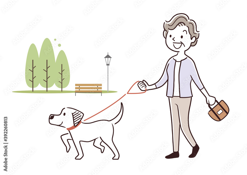 ベクターイラスト素材 犬の散歩をするシニア女性 Stock ベクター Adobe Stock
