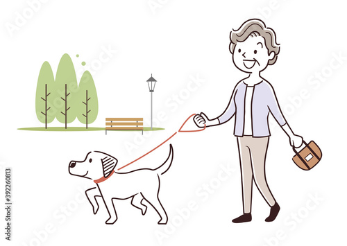 ベクターイラスト素材：犬の散歩をするシニア女性
