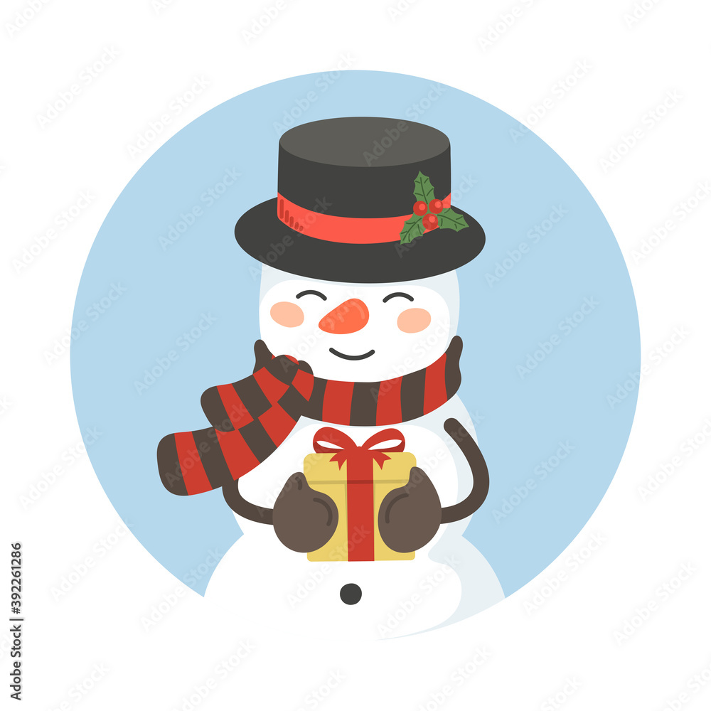 Snowman holding Christmas gift in the circle. Cute winter children's illustration. Snowman holding Christmas gift in the circle. Cute winter children's illustration.