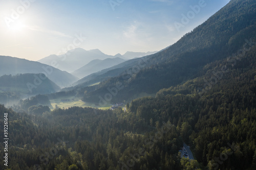 Drone panorama over forest and mountains in Bavaria, Germany