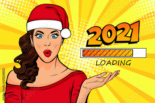Waiting for new year. Brunette girl looking at 2021 loading process. Pop art retro comic style vector illustration.