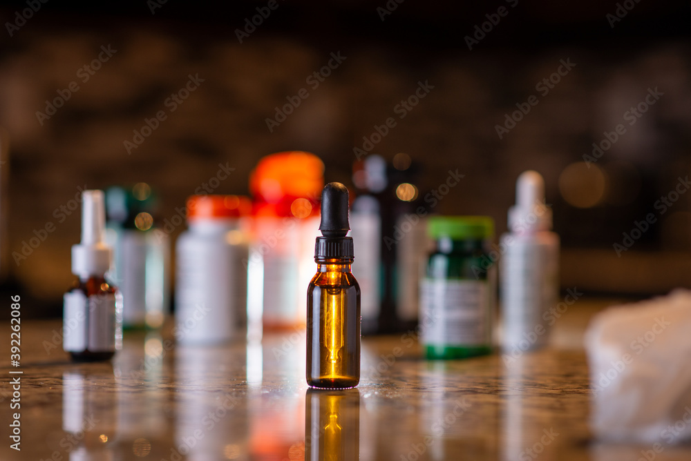 Cannabis CBD oil extracts Hemp tincture, glass bottle with dropper