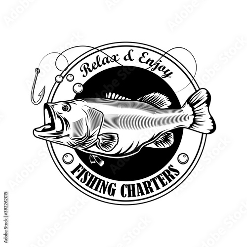 Fishing charter stamp vector illustration. Fish, hook and text on ribbon. Fishing concept for camp emblems and labels templates