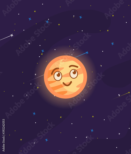 Happy mercury planet character, cute mercury with smiley face cartoon vector Illustration