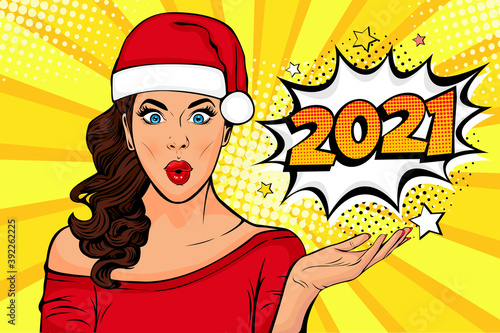 Waiting for new year. Brunette girl looking at 2021. Pop art retro comic style vector illustration.