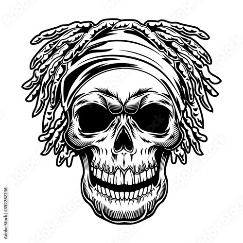 Vintage skull with dreadlocks vector illustration. Monochrome dead head of Hawaiian dweller. Hawaii and tropical vacation concept can be used for retro template, banner or poster