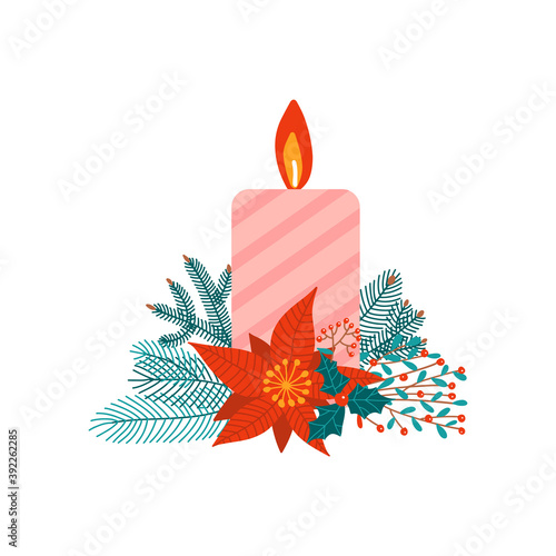 Christmas concept with fir branch, poissentia and candles on a white background. Vector flat cartoon illustration isolated on white background.