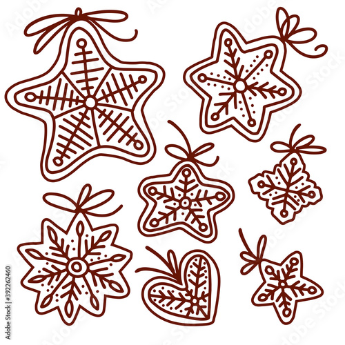 Doodle set of gingerbread. Cookies of various shapes Isolated on White background. Flat vector illustration.